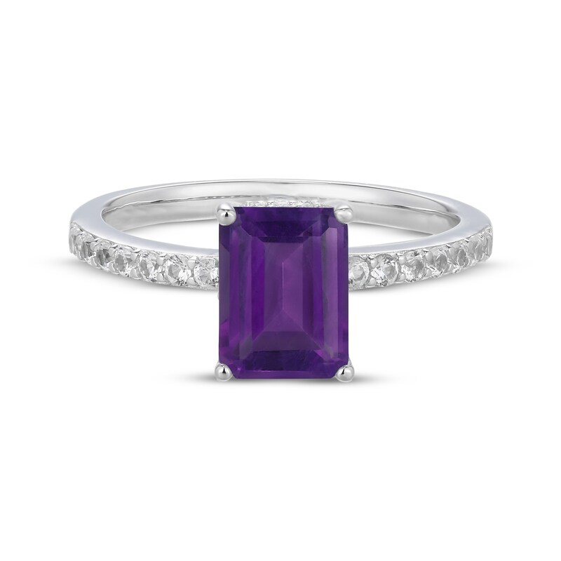 Main Image 3 of Emerald-Cut Amethyst & White Lab-Created Sapphire Hidden Halo Ring Sterling Silver