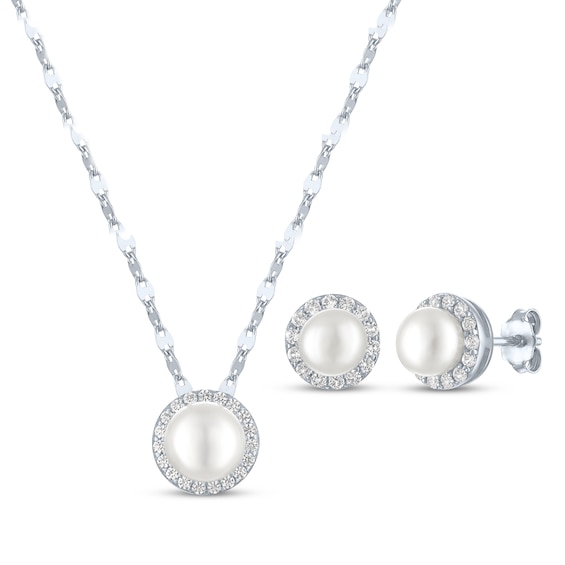 Button-Cut Cultured Pearl & White Lab-Created Sapphire Gift Set Sterling Silver