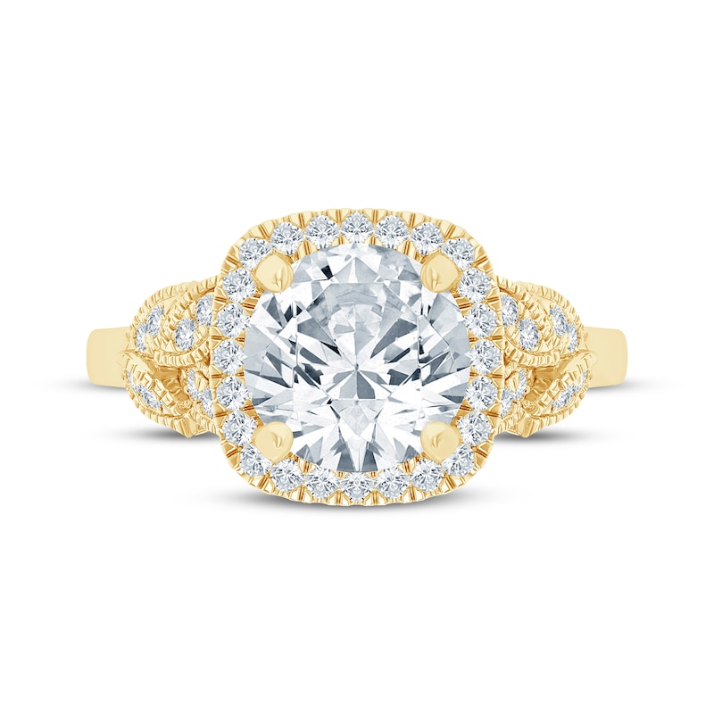 Main Image 4 of Monique Lhuillier Bliss Round-Cut Lab-Grown Diamond Cushion Halo Engagement Ring 2-1/3 ct tw 18K Yellow Gold