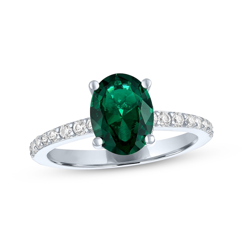 Main Image 1 of Oval-Cut Lab-Created Emerald & White Lab-Created Sapphire Ring Sterling Silver