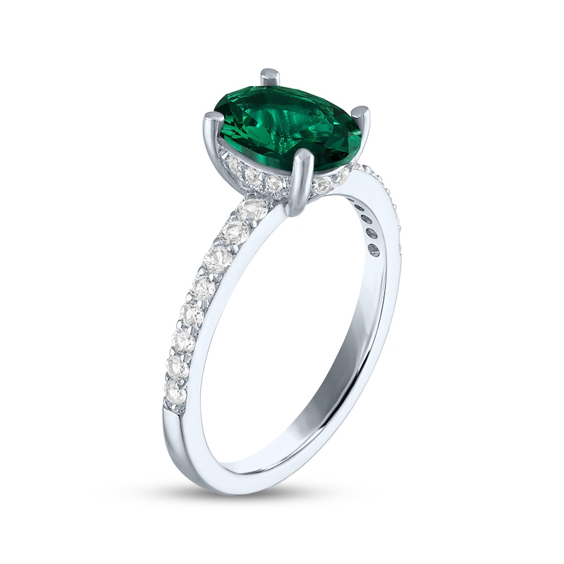 Main Image 2 of Oval-Cut Lab-Created Emerald & White Lab-Created Sapphire Ring Sterling Silver