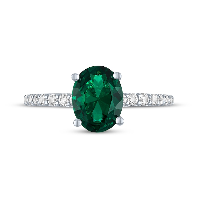 Main Image 3 of Oval-Cut Lab-Created Emerald & White Lab-Created Sapphire Ring Sterling Silver