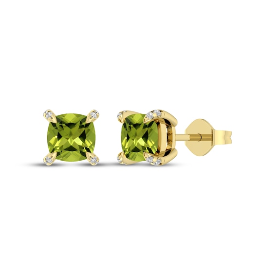 Cushion-Cut Peridot & Diamond Accent Stud Earrings 10K Yellow Gold