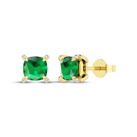 Cushion-Cut Lab-Created Emerald & Diamond Accent Stud Earrings 10K Yellow Gold