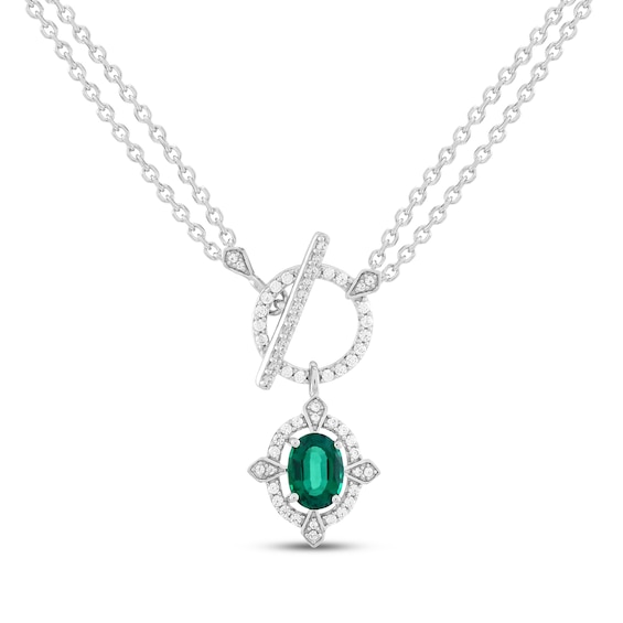Oval-Cut Lab-Created Emerald & White Lab-Created Sapphire Vintage-Inspired Toggle Necklace Sterling Silver 18"