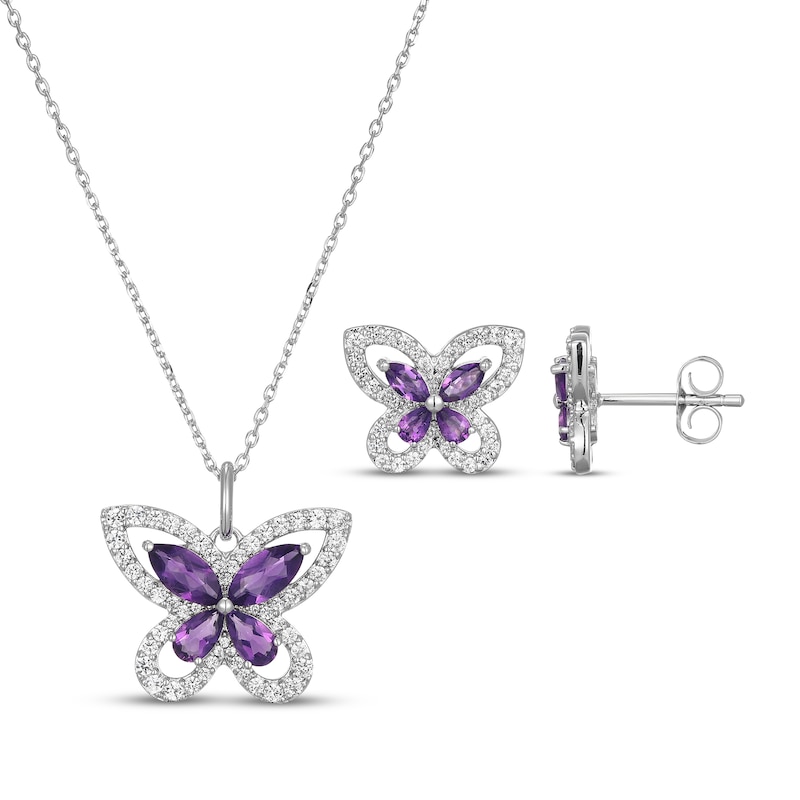 Main Image 1 of Amethyst & White Lab-Created Sapphire Butterfly Necklace & Stud Earrings Gift Set Sterling Silver