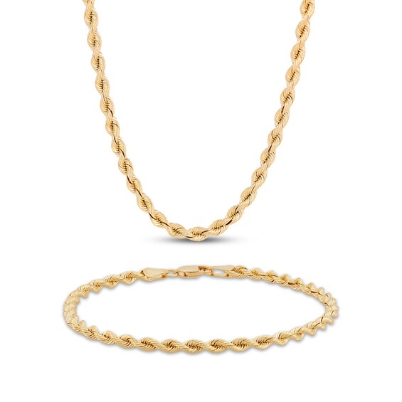 3mm Silk Rope Chain Necklace & Bracelet Set Semi-Solid 10K Yellow Gold