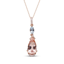 Pear-Shaped Morganite, Marquise-Cut Aquamarine & Diamond Drop Necklace 1/20 ct tw 10K Rose Gold 18"