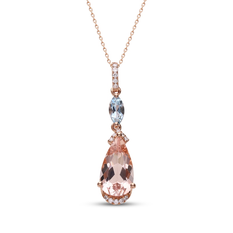 Main Image 1 of Pear-Shaped Morganite, Marquise-Cut Aquamarine & Diamond Drop Necklace 1/20 ct tw 10K Rose Gold 18"
