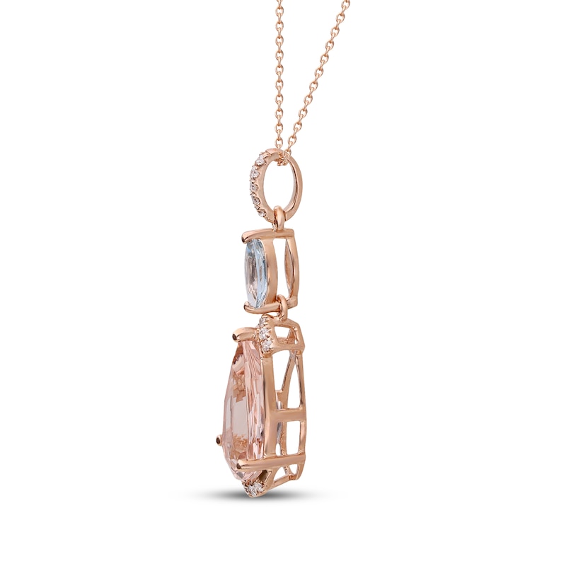 Main Image 2 of Pear-Shaped Morganite, Marquise-Cut Aquamarine & Diamond Drop Necklace 1/20 ct tw 10K Rose Gold 18"