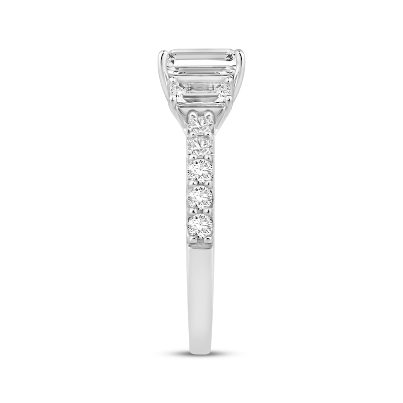 Main Image 2 of Memories Moments Magic Emerald-Cut Lab-Grown Diamond Three-Stone Engagement Ring 2 ct tw 14K White Gold