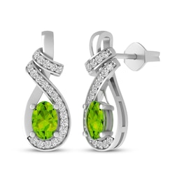Oval-Cut Peridot & White Lab-Created Sapphire Ribbon Drop Earrings Sterling Silver