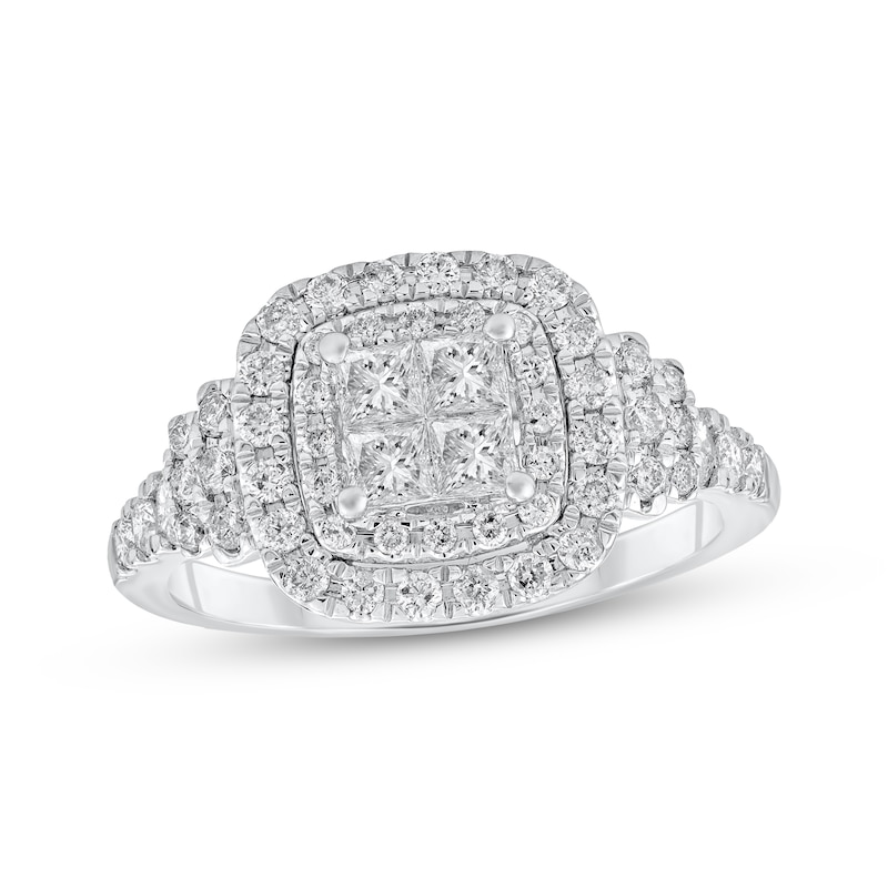 Main Image 1 of Adore Princess-Cut Quad Diamond Double Halo Engagement Ring 1 ct tw 10K White Gold