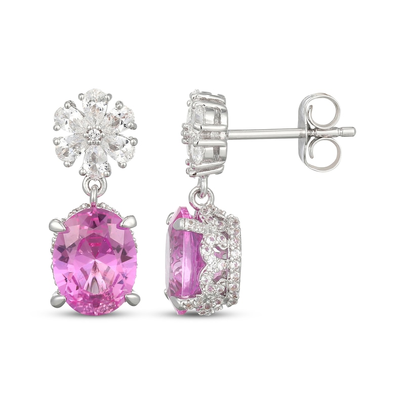 Main Image 3 of Oval-Cut Pink Lab-Created Sapphire & White Lab-Created Sapphire Dangle Earrings Sterling Silver
