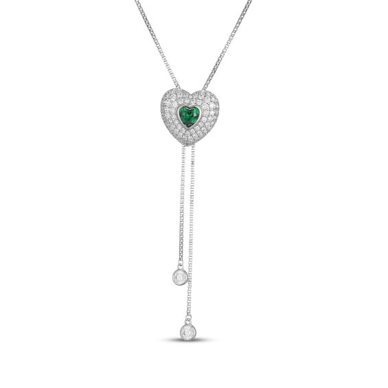 Heart-Shaped Lab-Created Emerald & White Lab-Created Sapphire Bolo Necklace Sterling Silver 28"