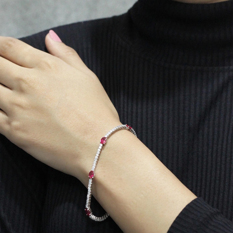 Main Image 3 of Oval-Cut Lab-Created Ruby & White Lab-Created Sapphire Bracelet Sterling Silver 7.5"