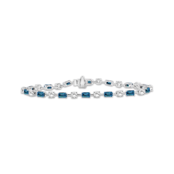 Emerald-Cut Swiss Blue Topaz & White Lab-Created Sapphire Link Bracelet Sterling Silver 7.5"