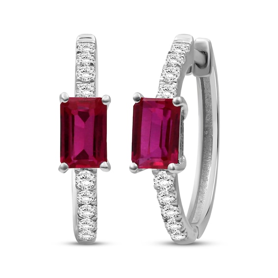 Emerald-Cut Lab-Created Ruby & White Lab-Created Sapphire Hoop Earrings Sterling Silver