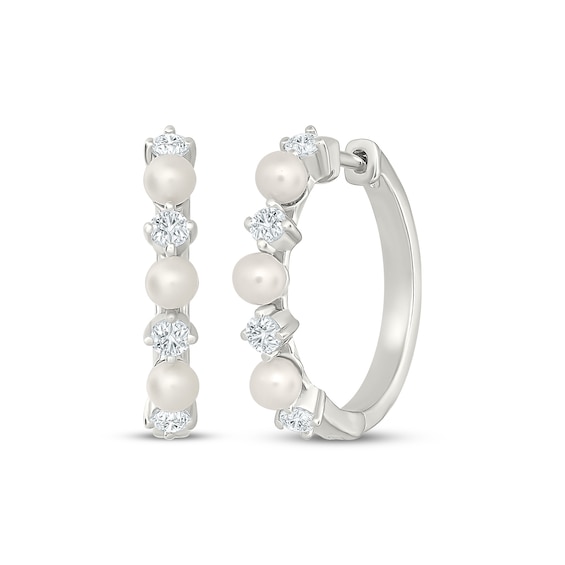 Cultured Pearl & White Lab-Created Sapphire Hoop Earrings Sterling Silver