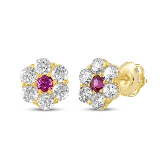 Children's Red & White Cubic Zirconia Flower Stud Earrings 14K Yellow Gold