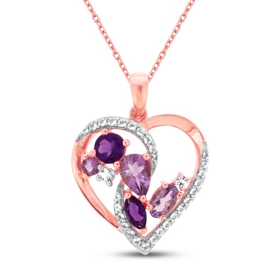 Amethyst & White Topaz Heart Necklace 10K Rose Gold