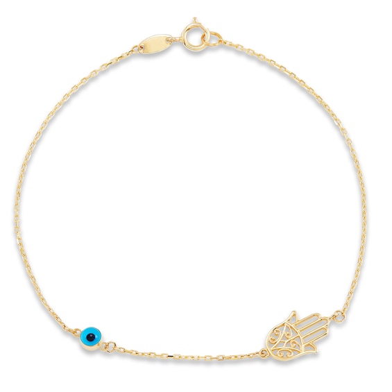 Hamsa & Evil Eye Bracelet 10K Yellow Gold 7.5"