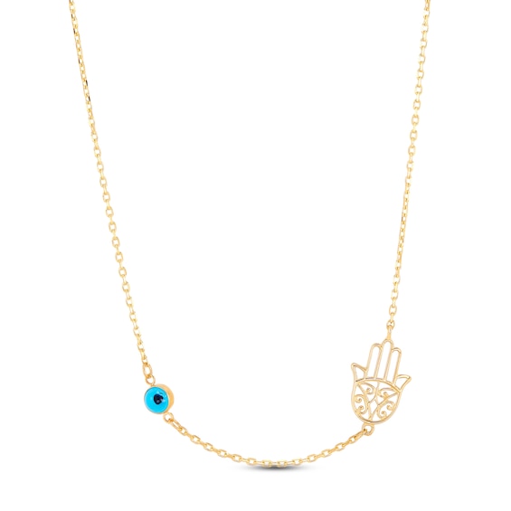 Hamsa & Evil Eye Necklace 10K Yellow Gold 18"