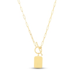 Dog Tag Paperclip Toggle Necklace 14K Yellow Gold 18"