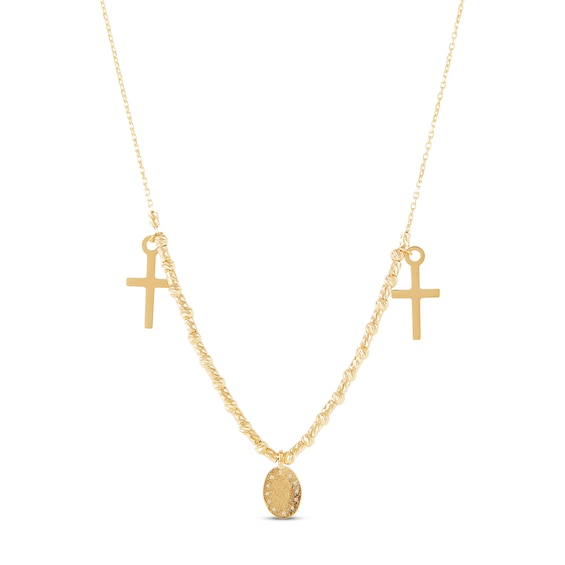 Diamond-cut Beaded Cross Necklace 14K Yellow Gold 17"