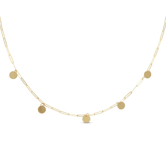 Paperclip Dangling Disc Necklace 10K Yellow Gold 18"