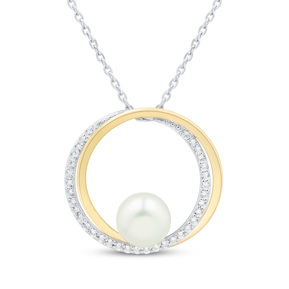 Cultured Pearl & White Lab-Created Sapphire Circle Necklace Sterling Silver & 10K Yellow Gold 18"