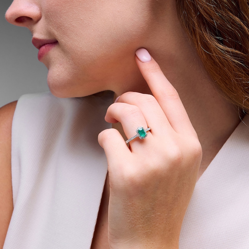 Main Image 4 of Neil Lane Emerald-Cut Natural Emerald & Diamond Halo Engagement Ring 3/8 ct tw 14K White Gold