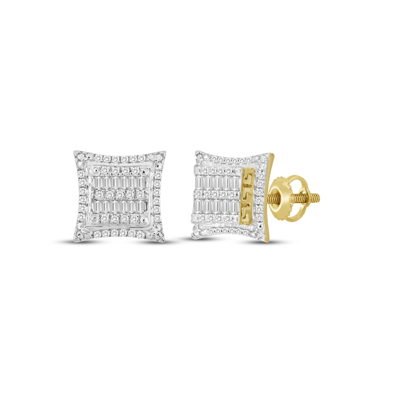 Main Image 1 of Men's Baguette & Round-Cut Diamond Greek Key Stud Earrings 1/4 ct tw 10K Yellow Gold