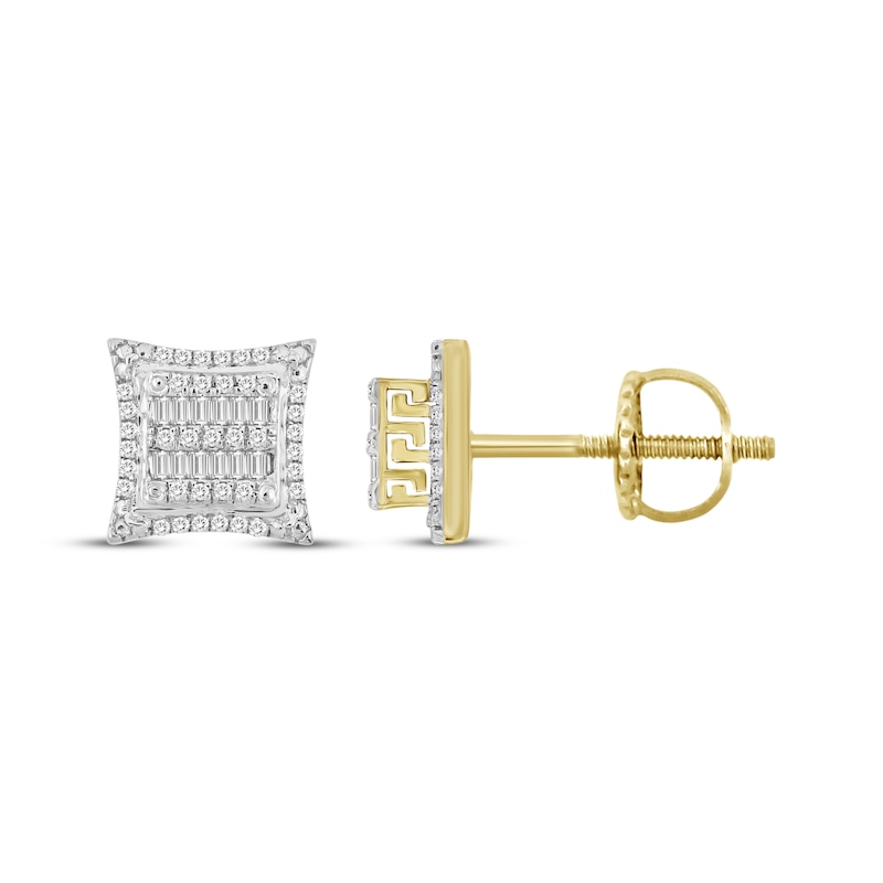 Main Image 3 of Men's Baguette & Round-Cut Diamond Greek Key Stud Earrings 1/4 ct tw 10K Yellow Gold
