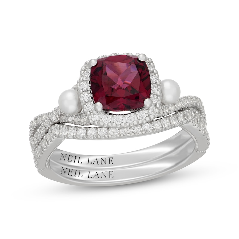 Main Image 1 of Neil Lane Cushion-Cut Rhodolite Garnet, Diamond & Akoya Cultured Pearl Bridal Set 1/2 ct tw 14K White Gold