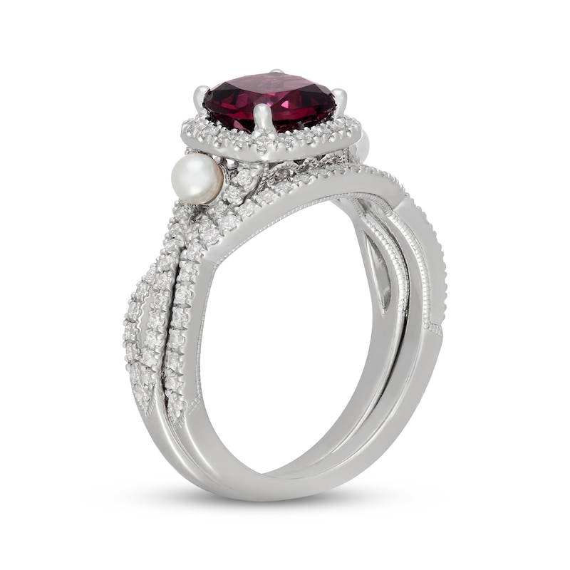 Main Image 2 of Neil Lane Cushion-Cut Rhodolite Garnet, Diamond & Akoya Cultured Pearl Bridal Set 1/2 ct tw 14K White Gold