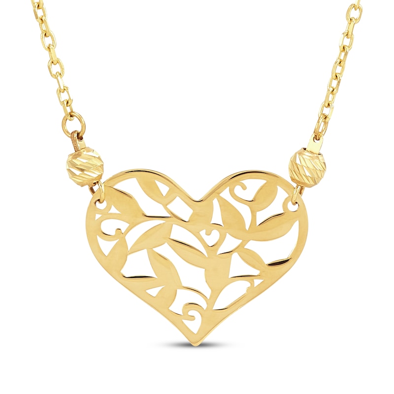 Main Image 1 of Cutout Leaf & Vine Heart Necklace 10K Yellow Gold 18"