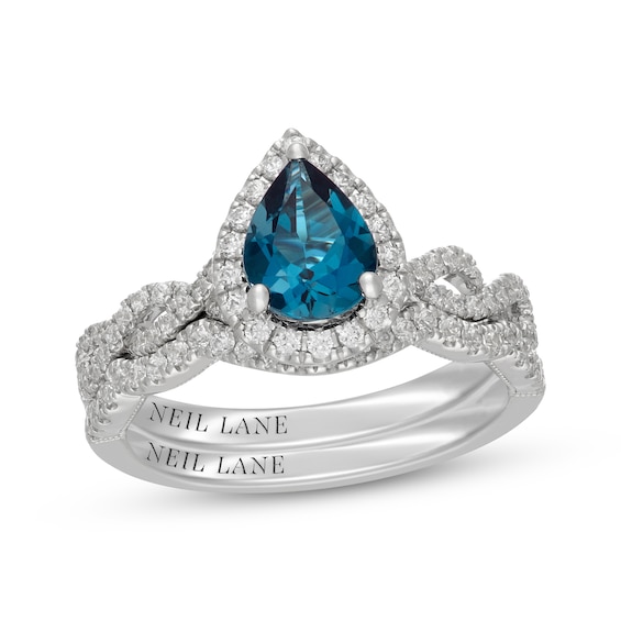 Neil Lane Pear-Shaped London Blue Topaz & Diamond Halo Bridal Set 1/2 ct tw Diamonds 14K White Gold