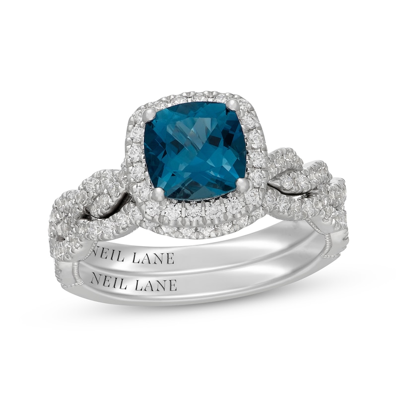 Main Image 1 of Neil Lane Cushion-Cut London Blue Topaz & Diamond Halo Bridal Set 5/8 ct tw Diamonds 14K White Gold