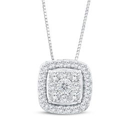 Multi-Diamond Cushion-Shaped Halo Necklace 1 ct tw 10K White Gold 18"