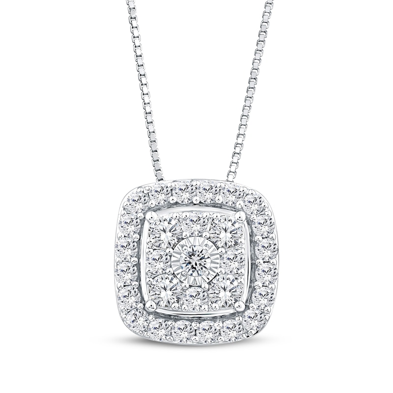 Main Image 1 of Multi-Diamond Cushion-Shaped Halo Necklace 1 ct tw 10K White Gold 18"