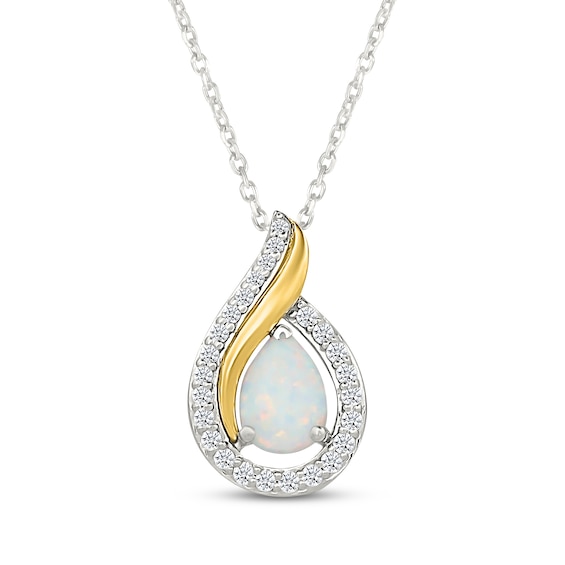 Pear-Shaped Lab-Created Opal & White Lab-Created Sapphire Flame Necklace Sterling Silver & 10K Yellow Gold 18"