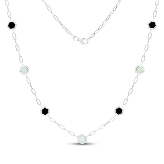 Mother-of-Pearl & Black Onyx Hexagon Station Necklace Sterling Silver 17"