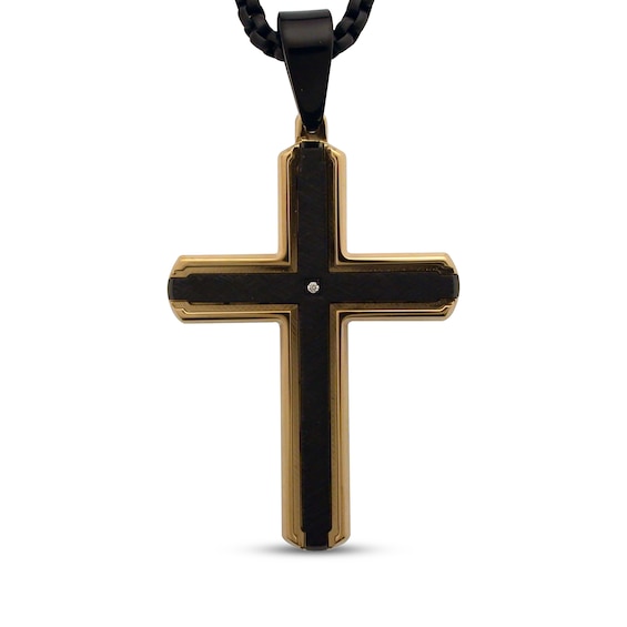 Men's Diamond Accent Cross Necklace Black & Yellow Ion-Plated Stainless Steel 24"