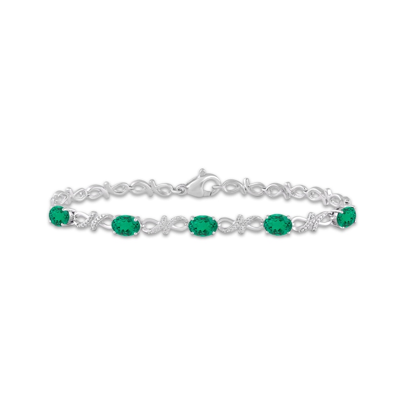 Main Image 1 of Oval-Cut Lab-Created Emerald & White Lab-Created Sapphire infinity Link Bracelet Sterling Silver 7.5"