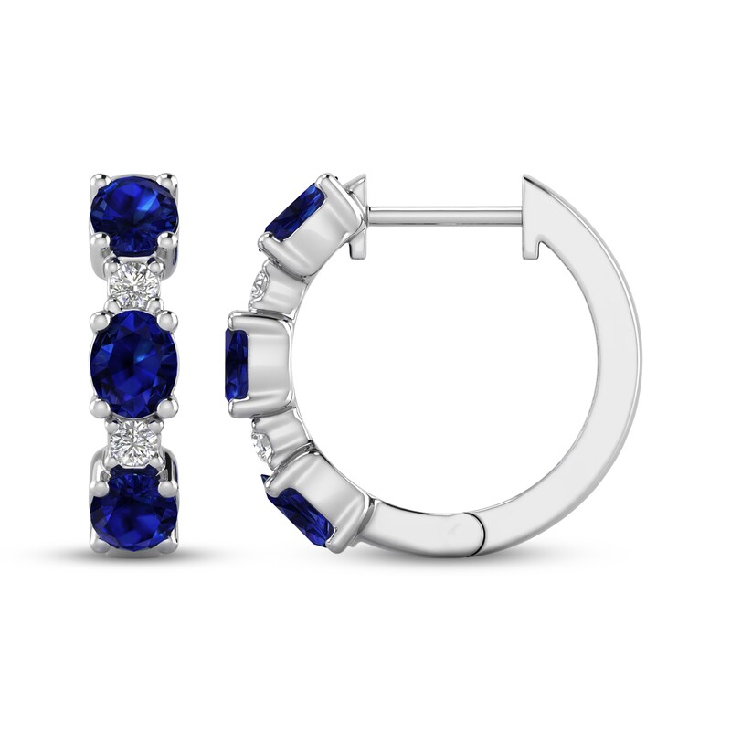Main Image 1 of Memories Moments Magic Oval-Cut Blue Lab-Created Sapphire & Diamond Hoop Earrings 1/15 ct tw Sterling Silver