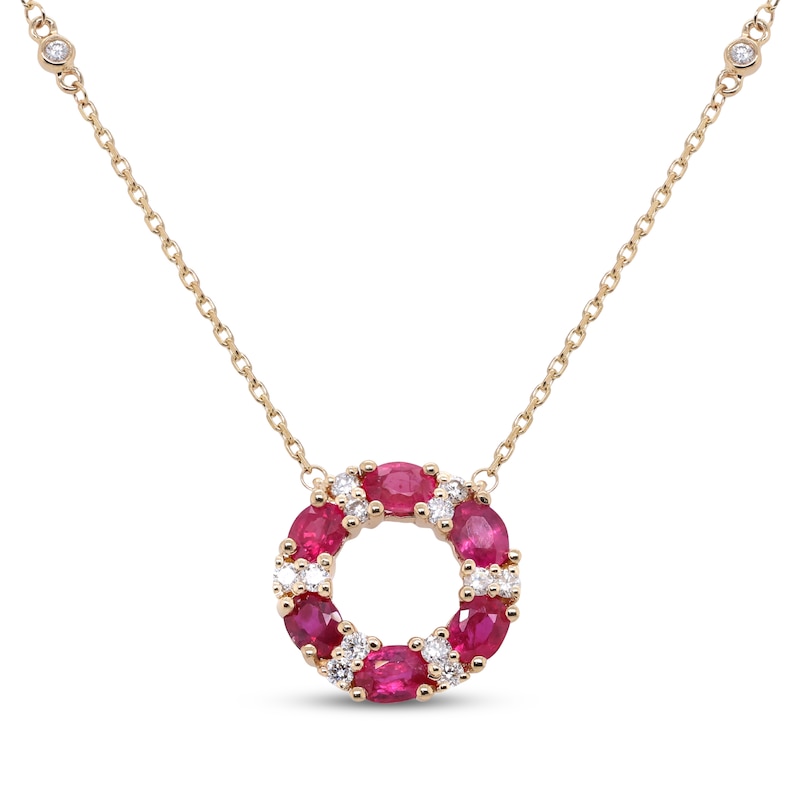 Main Image 1 of Oval-Cut Natural Ruby & Diamond Open Circle Necklace 1/4 ct tw 14K Yellow Gold 18"