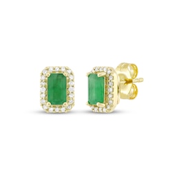 Emerald-Cut Natural Emerald & Diamond Earrings 1/10 ct tw 14K Yellow Gold