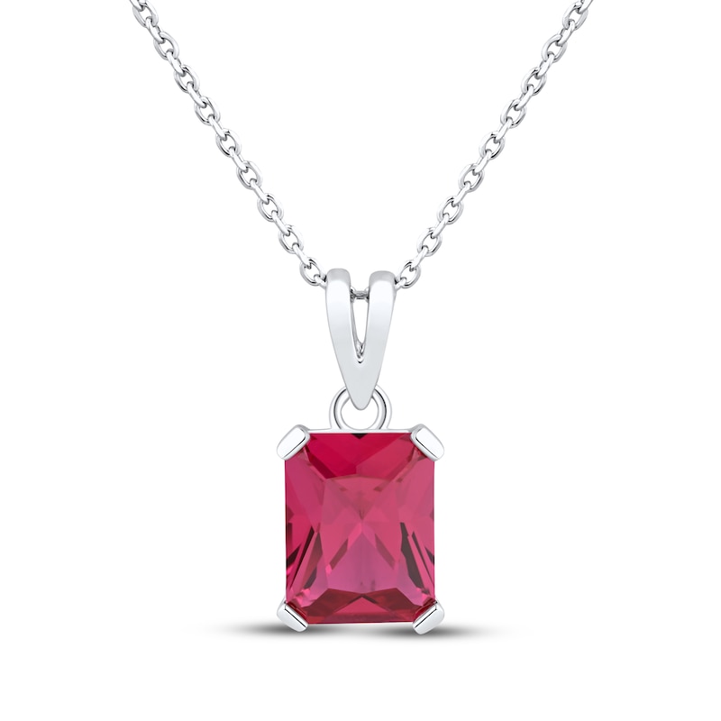 Main Image 1 of Emerald-Cut Lab-Created Ruby Solitaire Necklace Sterling Silver 18"