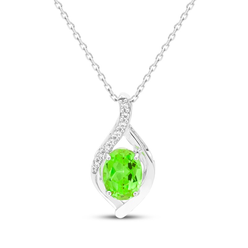 Main Image 1 of Oval-Cut Peridot & White Lab-Created Sapphire Necklace Sterling Silver 18"